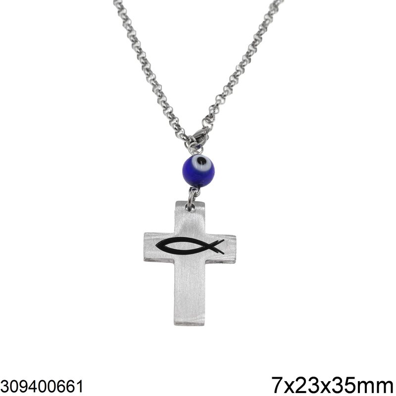 Stainless Steel Car Amulet Cross with Fish 7x23x35mm