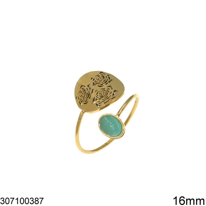 Δαχτυλίδι Ατσάλινο Δίσκος με Τριαντάφυλλα 16mm και Πέτρα 6mm, Χρυσό