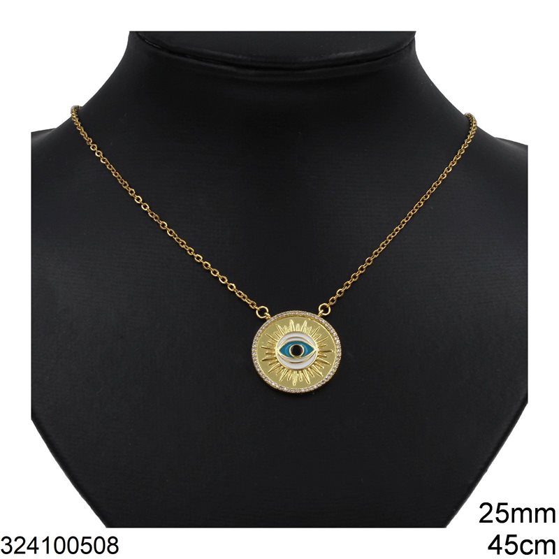 Stainless Steel Necklace with Disk of Evil Eye and Enamel 25mm, 45cm, Gold