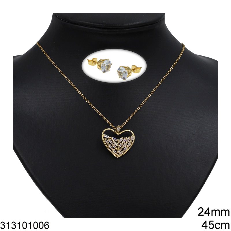 Set Earrings 8mm and Necklace Heart with Stones 24mm, 45cm. Gold