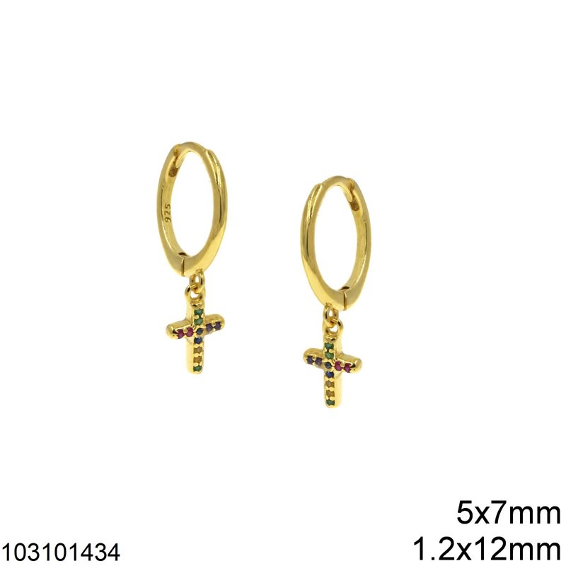 Silver 925 Hoop Earrings 1.2x12mm with Cross 5x7mm with Multicolor Zircon, Gold plated