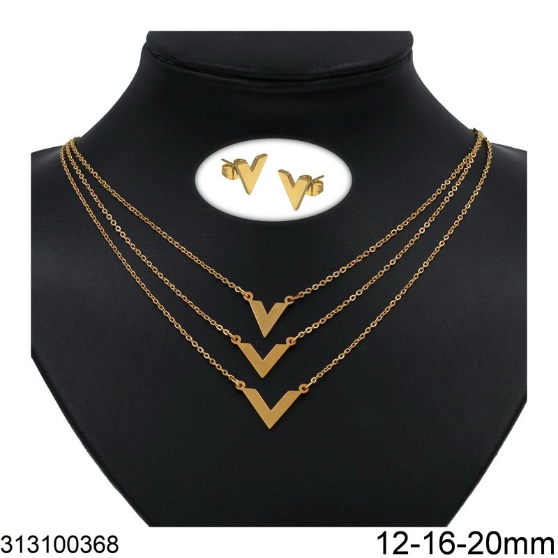 Stainless Steel Set of Earrings 12-16-20mm & Necklace "V" 10mm, Gold
