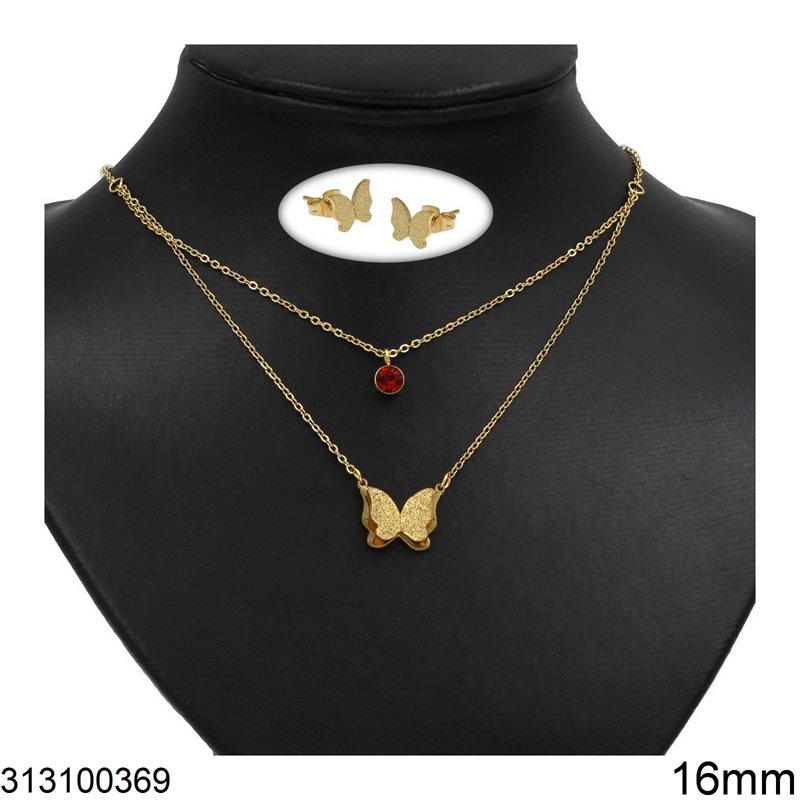 Stainless Steel Set of Necklace 16mm & Earrings Double Butterfly with Satin Finish 7mm, Gold