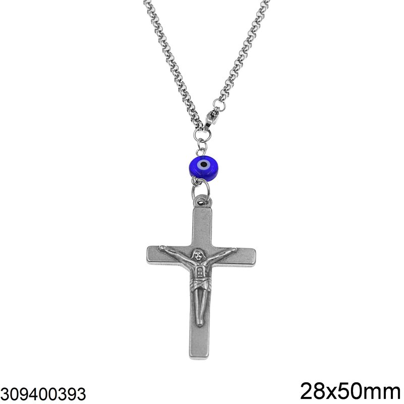 Stainless Steel Car Amulet Cross with Jesus and Evil Eye 28x50mm