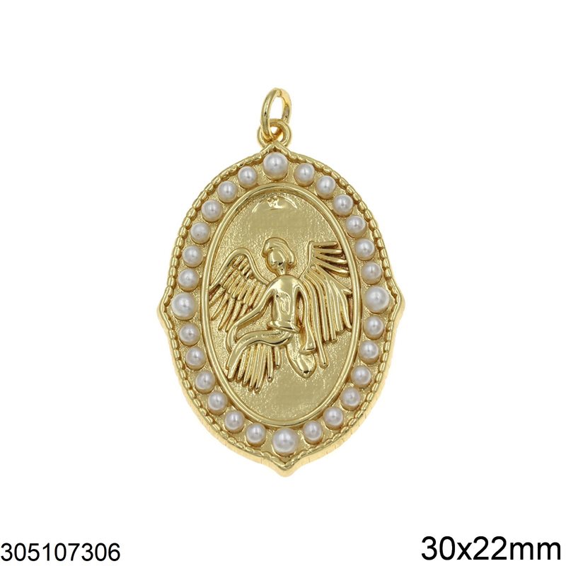 Brass Pendant Oval Angel with Pearls 30x22mm