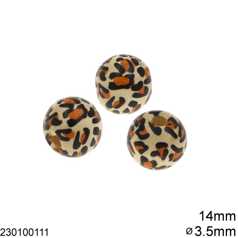 Wooden Bead 14mm with Hole 3.5mm Animal print