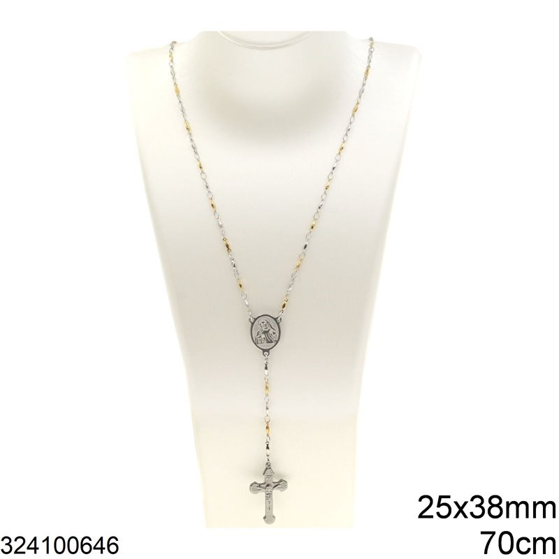 Stainless Steel Necklace Cross 25x38mm and Oval Spacer Holy Mary 18x30mm, Two Tone