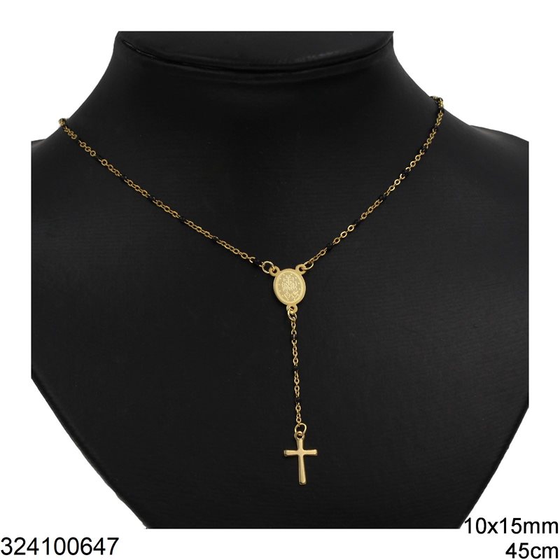 Stainless Steel Necklace with Cross 10x15mm, Ball Chain 1.8mm and Oval Spacer Holy Mary 10x15mm 45cm