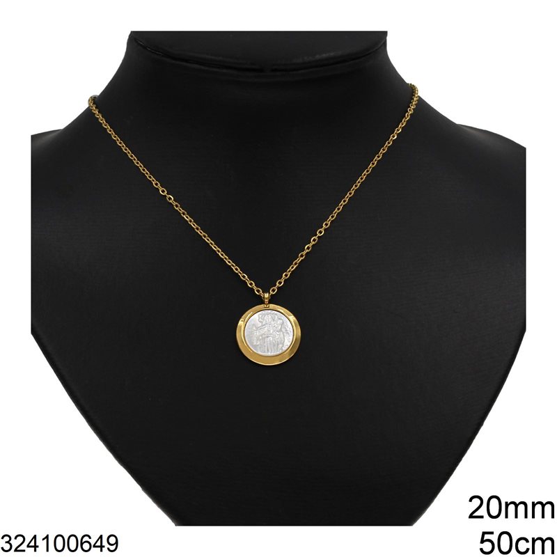 Stainless Steel Round Necklace Holy Mary MOP 20mm, 50cm Gold