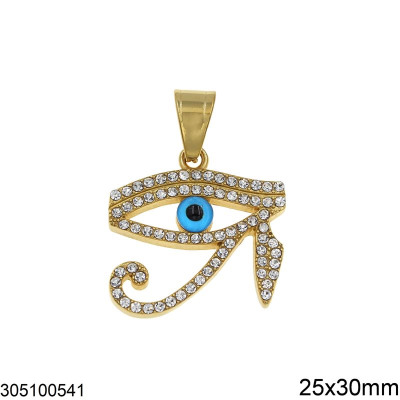 Μενταγιόν Ατσάλινο Αιγυπτιακό Μάτι με Πέτρες 25x30mm, Χρυσό