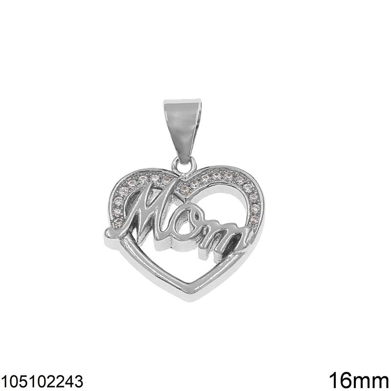 Silver 925 Heart Pendant with Zircon and "Mom" 16mm