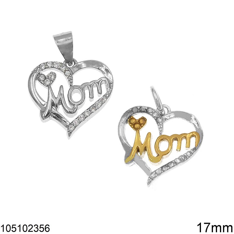 Silver 925 Heart Pendant with Zircon and "Mom" 17mm