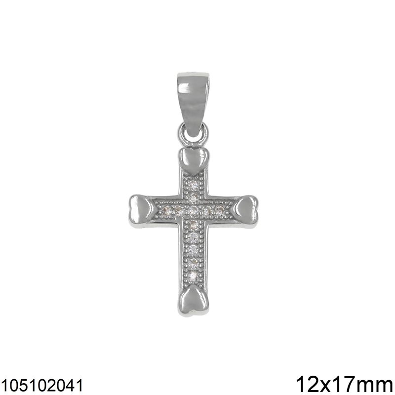 Silver 925 Pendant Cross with Zircon and Hearts 12x17mm