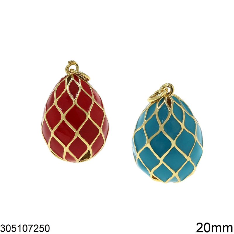 Brass Pendant Egg with Enamel and Vertical Lines 20mm, Red