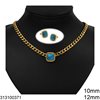 Stainless Steel Set of Necklace 12mm & Earrings with Square Turquoise Stone 10mm, Gold