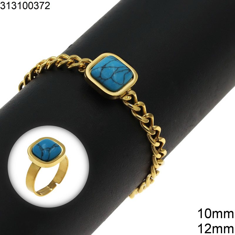 Stainless Steel Set of Bracelet 12mm & Ring with Square Turquoise Stone 10mm, Gold