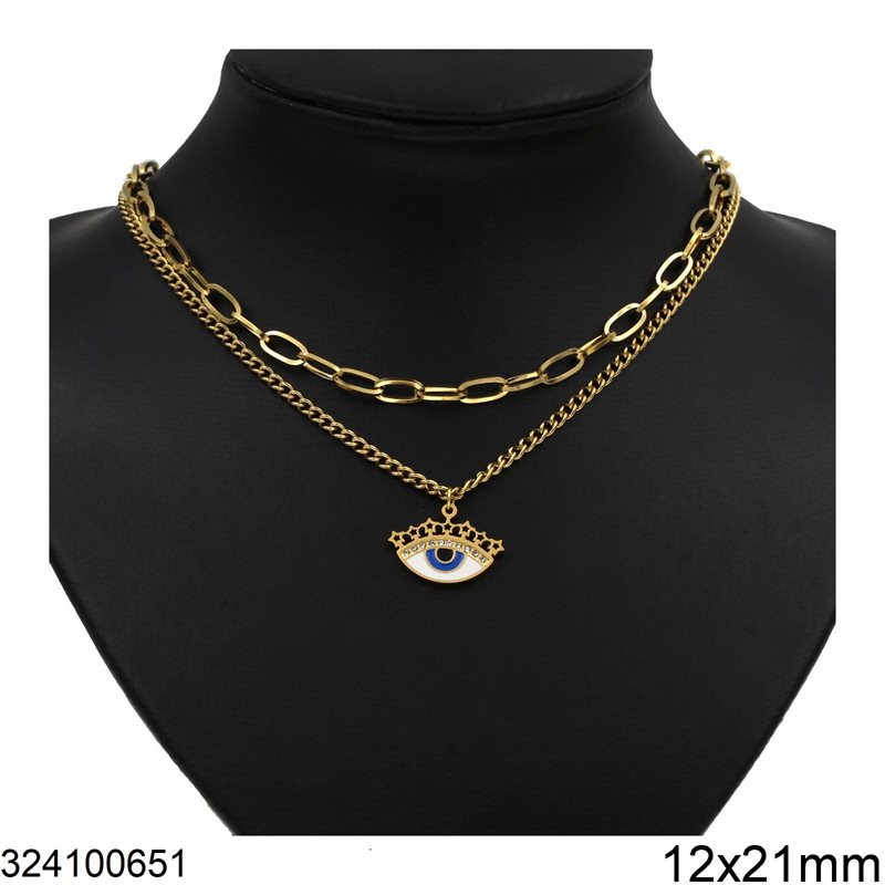 Stainless Steel Necklace Double Chain and Evil Eye with Enamel 12x21mm, Gold