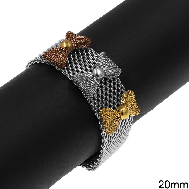 Stainless Steel Bracelet Mesh Chain with Bows 20mm, Three Tone