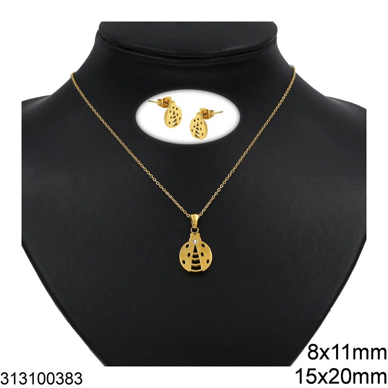 Stainless Steel Set of Necklace 15x20mm and Earrings Ladybug 8x11mm, Gold
