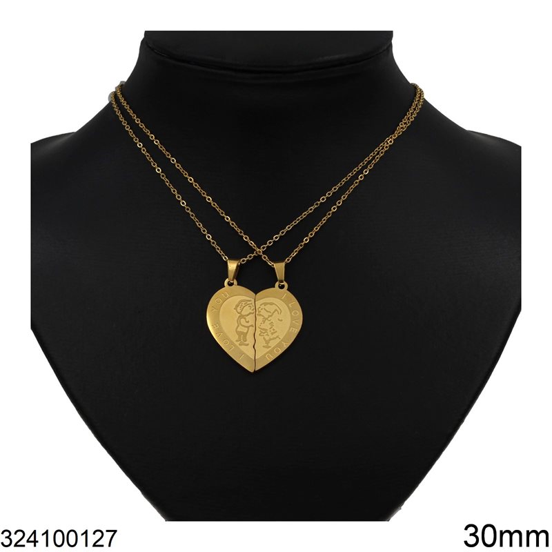 Stainless Steel Necklace Heart with Boy and Girl "I LOVE YOU" Broken 30mm, Gold