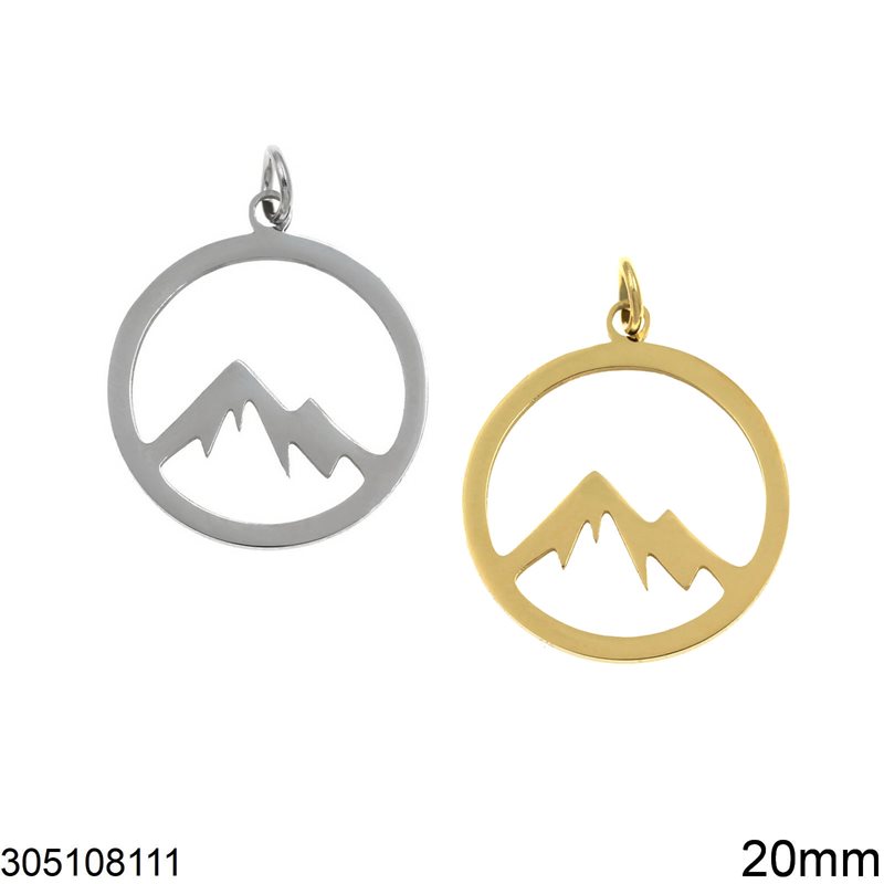 Stainless Steel Round Pendant Mountain Outline 20mm