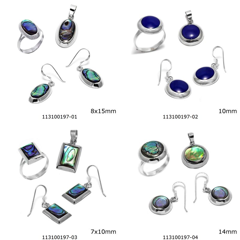 Silver 925 Set of Pendant, Earrings and Ring with Stones 10-14mm