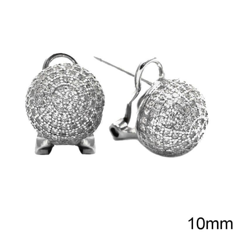 Silver 925 Stud Earrings Half Ball with Zircon 10mm
