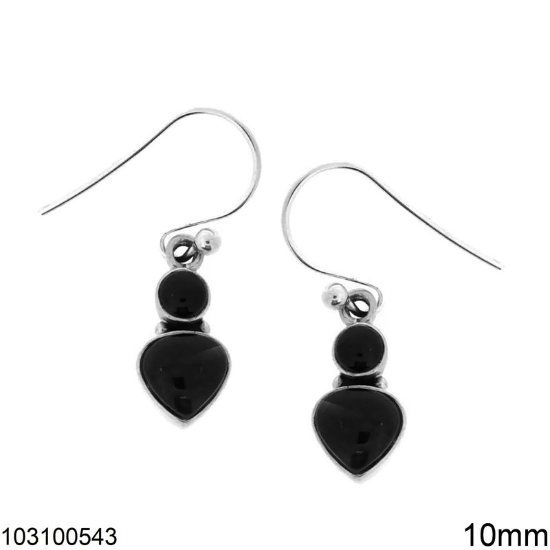 Silver 925 Hook Earrings Pearshape Black Stone 10mm