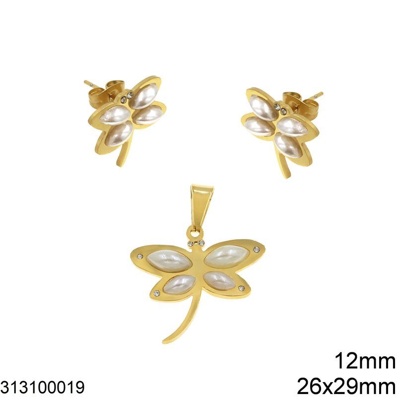 Stainless Steel Set of Pendant 26x29mm & Stud Earrings 12mm Butterfly with Pearls, Gold