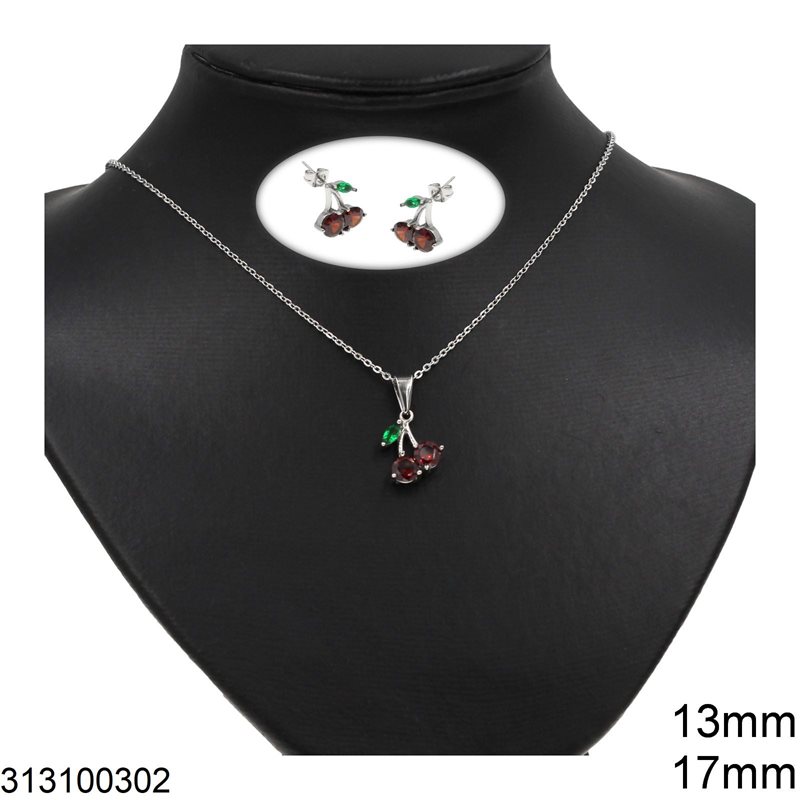 Stainless Steel Set of Necklace 17mm & Stud Earrings 13mm Cherries 