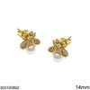 Metallic Stud Earrings Butterfly with Stones and Pearl 14mm, Gold