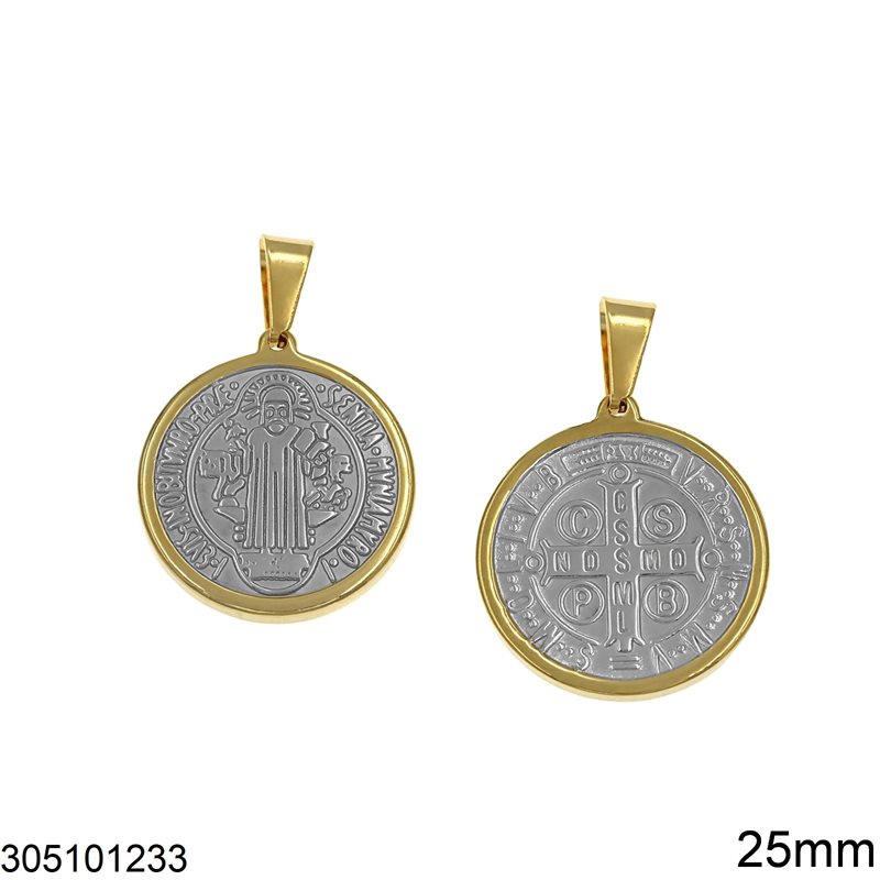 Stainless Steel Pendant Disk Two Sided with God and Cross 25mm, Two Tone