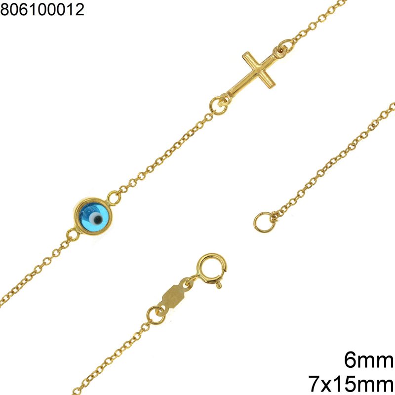 Gold Bracelet with Glass Evil Eye 6mm and Cross 7x15mm K9 1gr