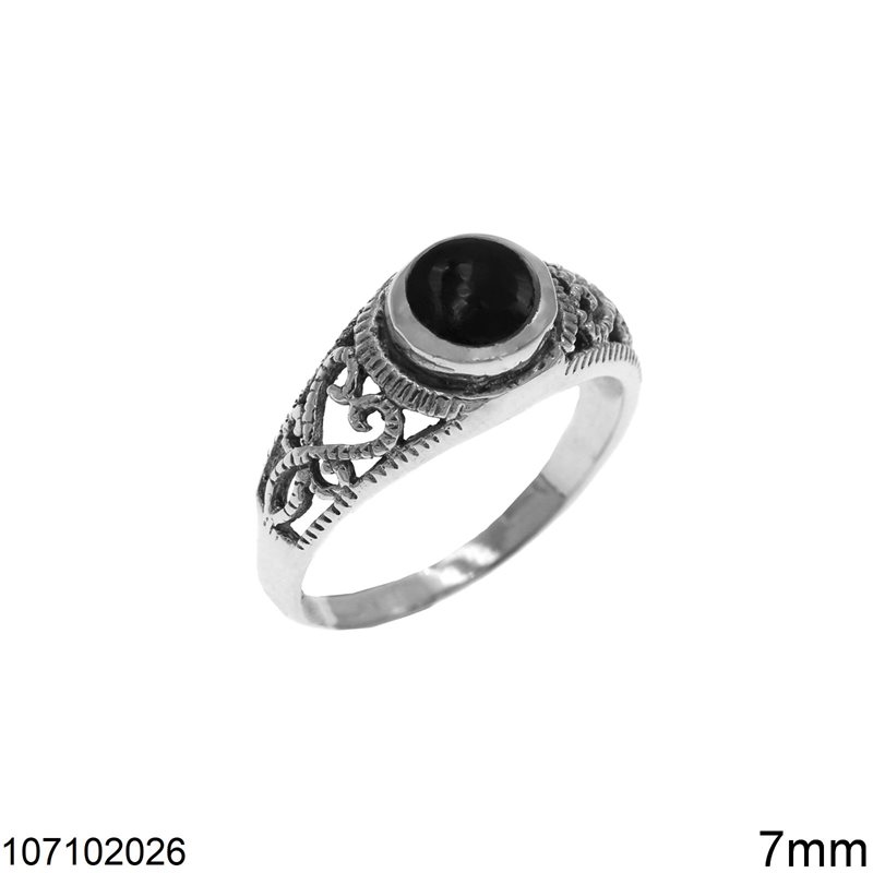 Δαχτυλίδι Ανδρικό Ασημένιο 925 Δαντελωτό με Πέτρα Όνυχα 7mm