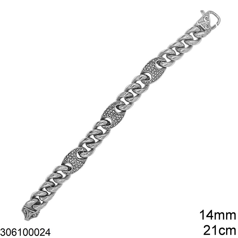 Stainless Steel Bracelet Gourmette Chain with Oval Motif 14mm, 21cm