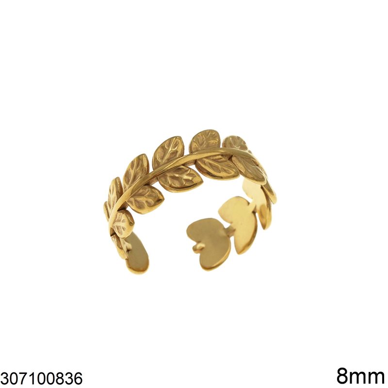 Δαχτυλίδι Ατσάλινο Κλαδί με Φύλλα Ανοιχτό 8mm, Χρυσό