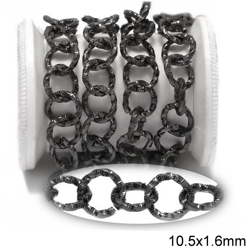 Iron Round Textured Link Chain 10.5x1.6mm, Black Nickel Color NF
