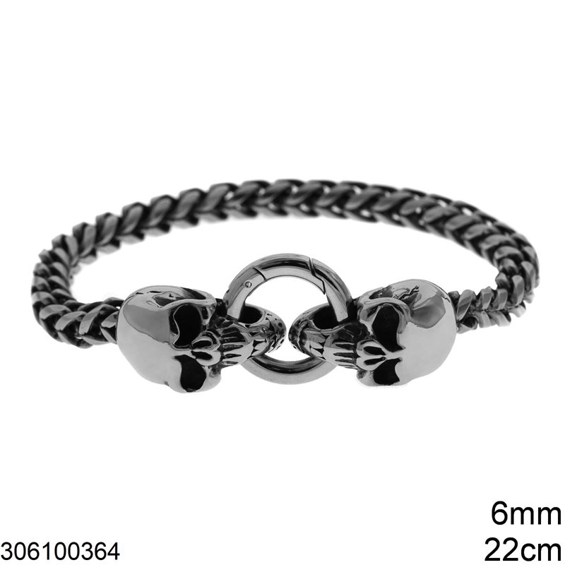 Stainless Steel Male Spiga Bracelet 6mm with Skulls ,22cm Gunmetal
