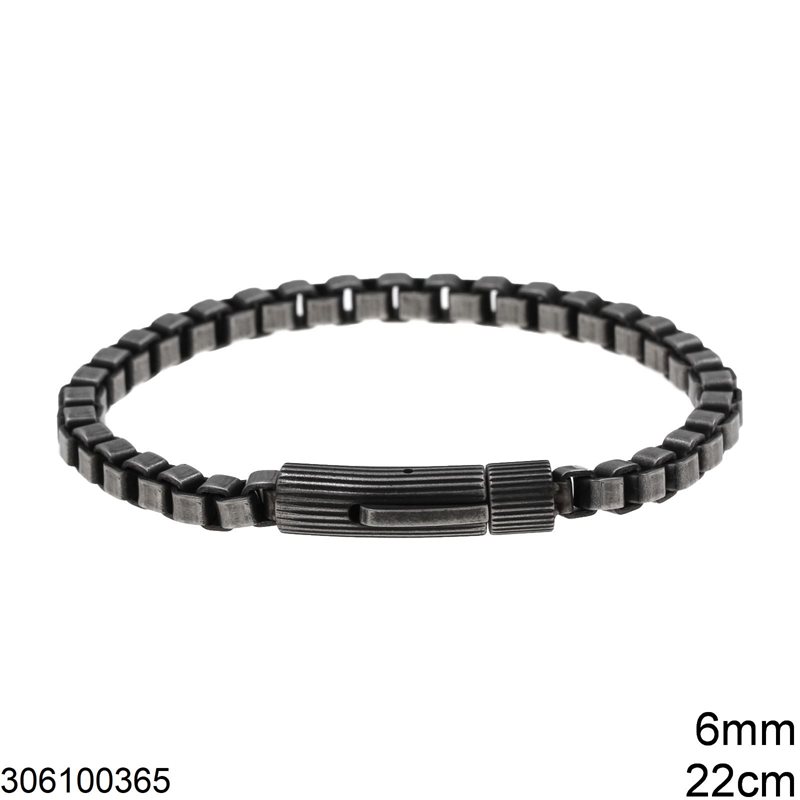 Stainless Steel Male Venetian Box Chain Bracelet 6mm with Mechanic Clasp, 22cm Gunmetal