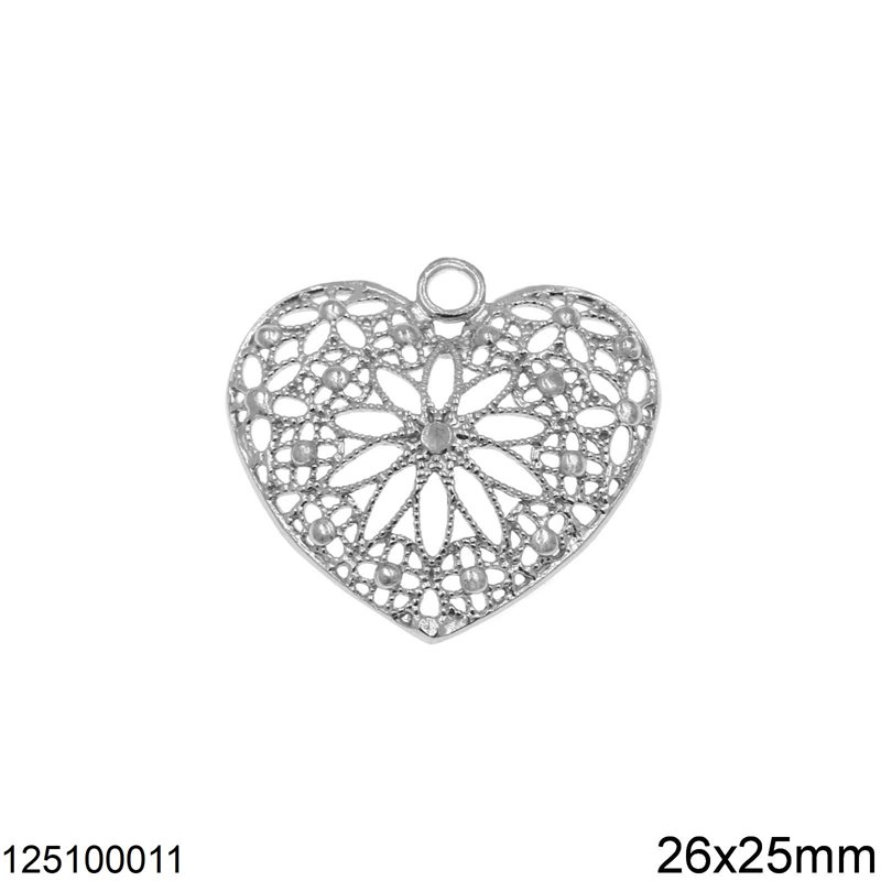 Silver 925 Finding Lacy Heart 26x25mm, Rhodium Plated