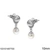 Silver 925 Stud Earrings Wavy Disk 10mm with Hanging Pearl 7mm
