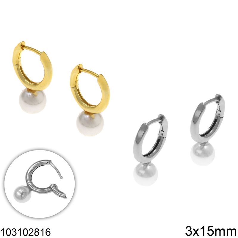 Silver 925 Hoop Earrings 3x14mm with Pearl 6mm