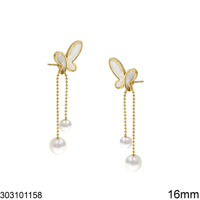 Σκουλαρίκια Ατσάλινα Καρφάκι  Πεταλούδα με MOP και Κρεμαστές Πέρλες 16mm, Χρυσό