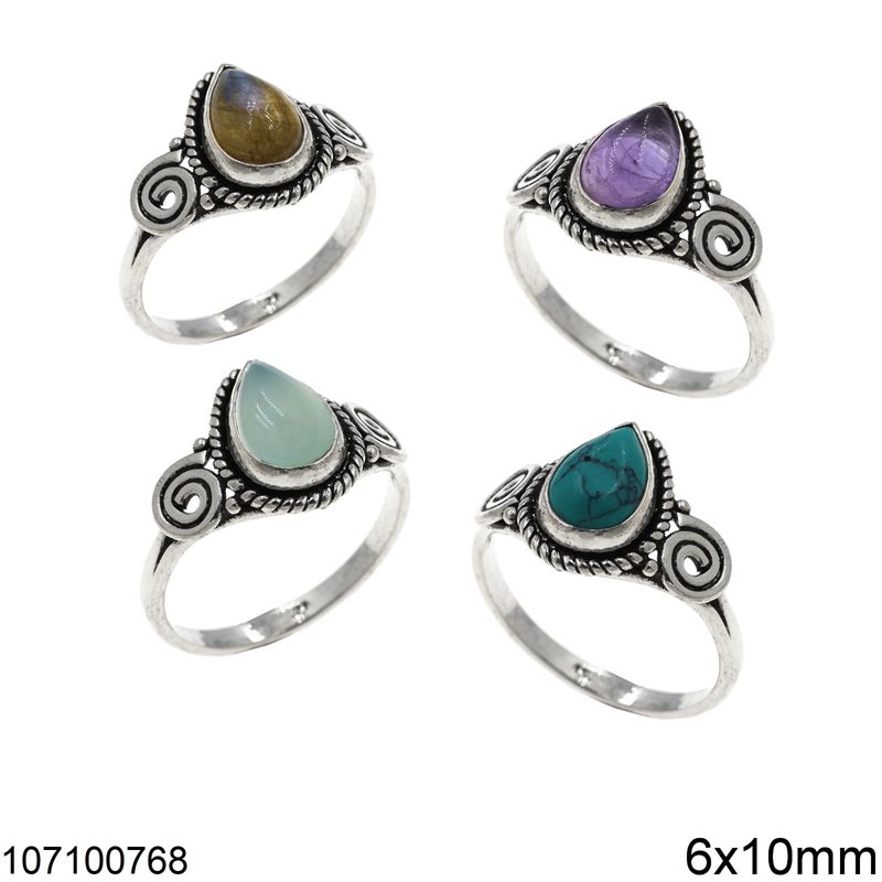 Silver 925 Ring with Pearshape Semi Precious Stone 6x10mm
