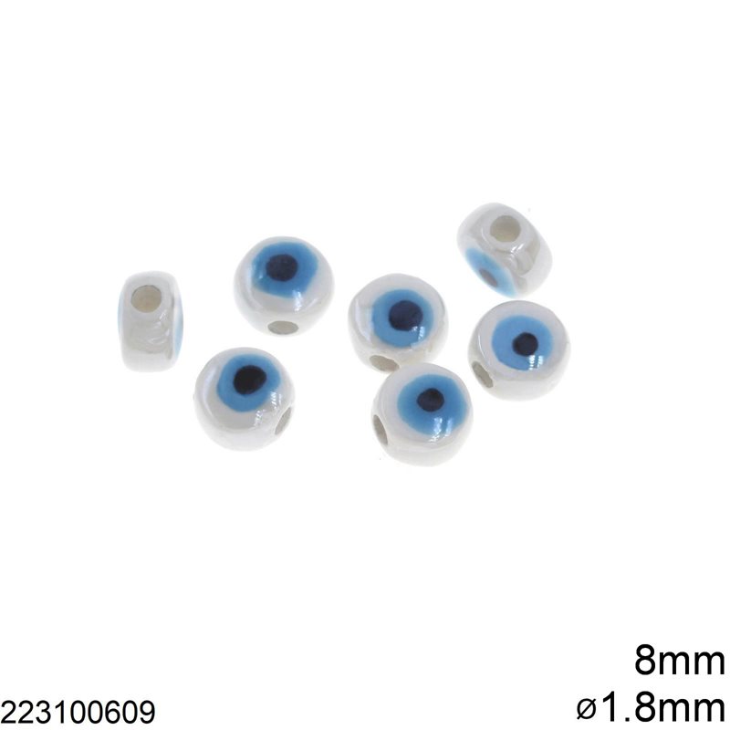 Ceramic Round Flat Evil Eye Bead 8mm with Hole 1.8mm