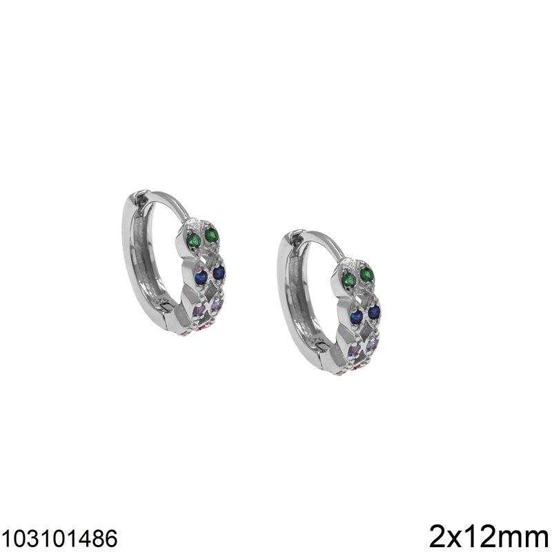 Silver 925 Hoops Earrings with Zircon 2x12mm, Rhodium Plated Multicolor