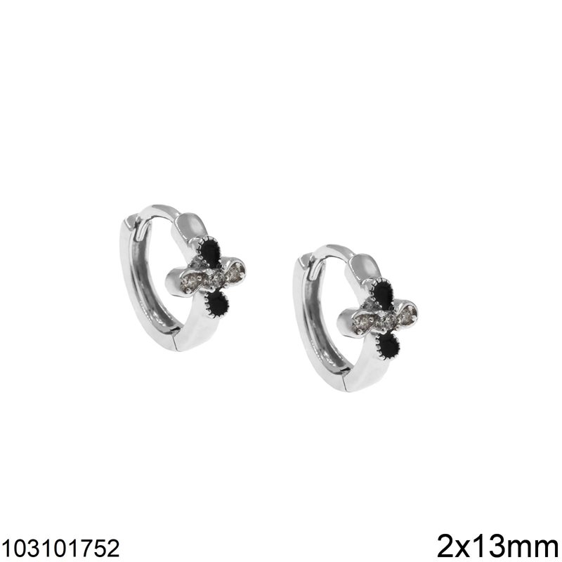 Silver 925 Hoops Earrings 2x13mm Cross with Zircon 6mm
