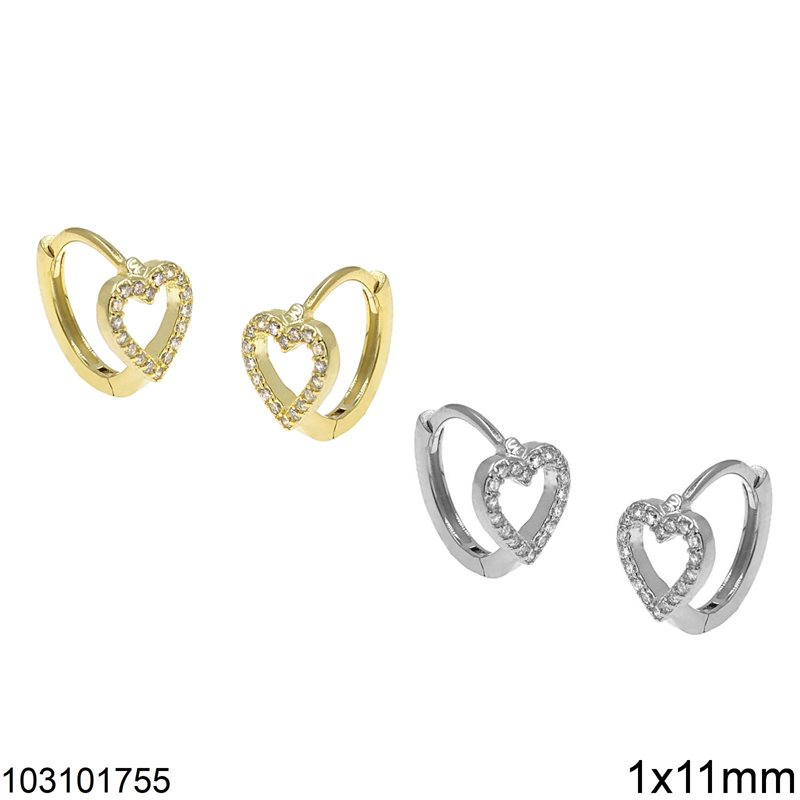 Silver 925 Hoops Earrings 1x11mm Heart with Zircon 7mm