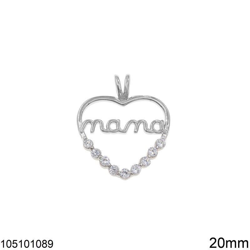Μενταγιόν Ασημένια 925 Καρδιά με Ζιργκόν και "mama" 20mm