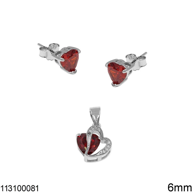Silver 925 Set of Pendant & Stud Earrings with Zircon Heart 6mm